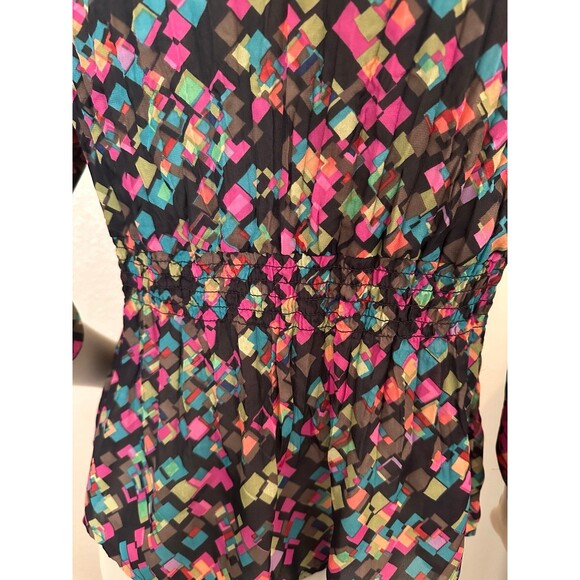 NY Collection Blouse geometric abstract colorful ruffle‎ button mature Macys M - Picture 6 of 9